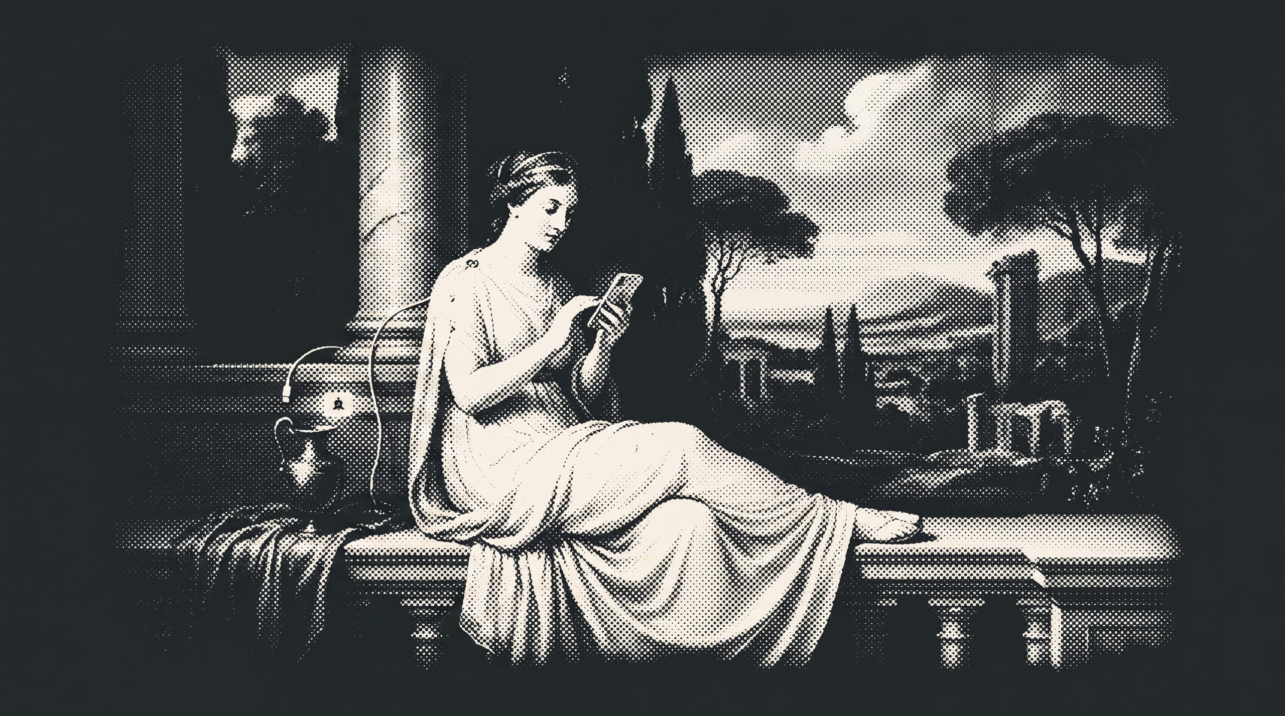 Halftone print of a Renaissance noblewoman on a marble balcony, absorbed in her phone.
